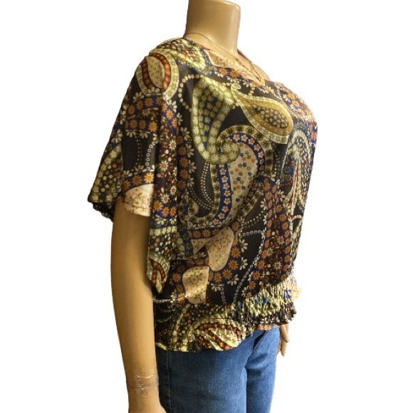 90s Rampage Top One shoulder Satin Paisley print Brown Smocked Waist Size L - Picture 2 of 11